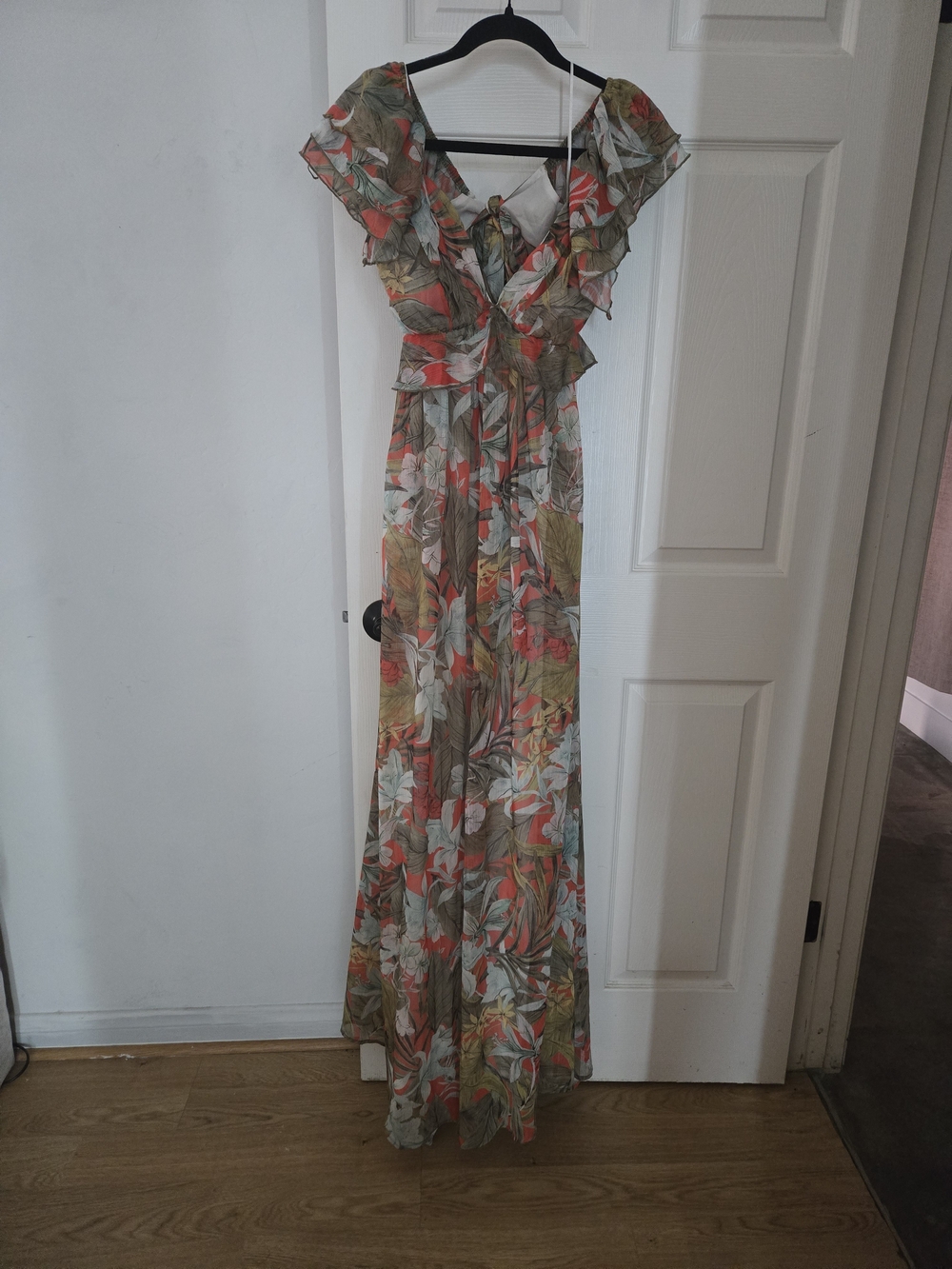 Fashion Nova Backless Floral Ruffle Maxi Dress in Olive, Coral & Cream